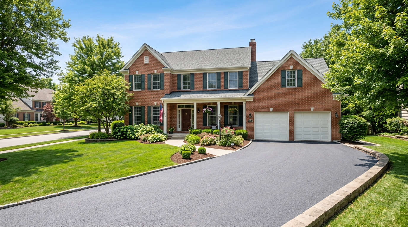 Classic American suburban home with a clean paved driveway